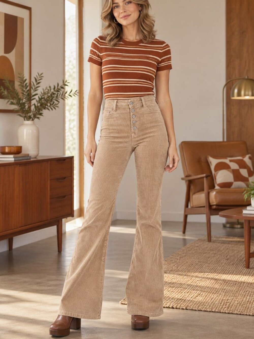 American Eagle Corduroy Flare Pants 4 Super High Waist Tan Retro Boho Academia